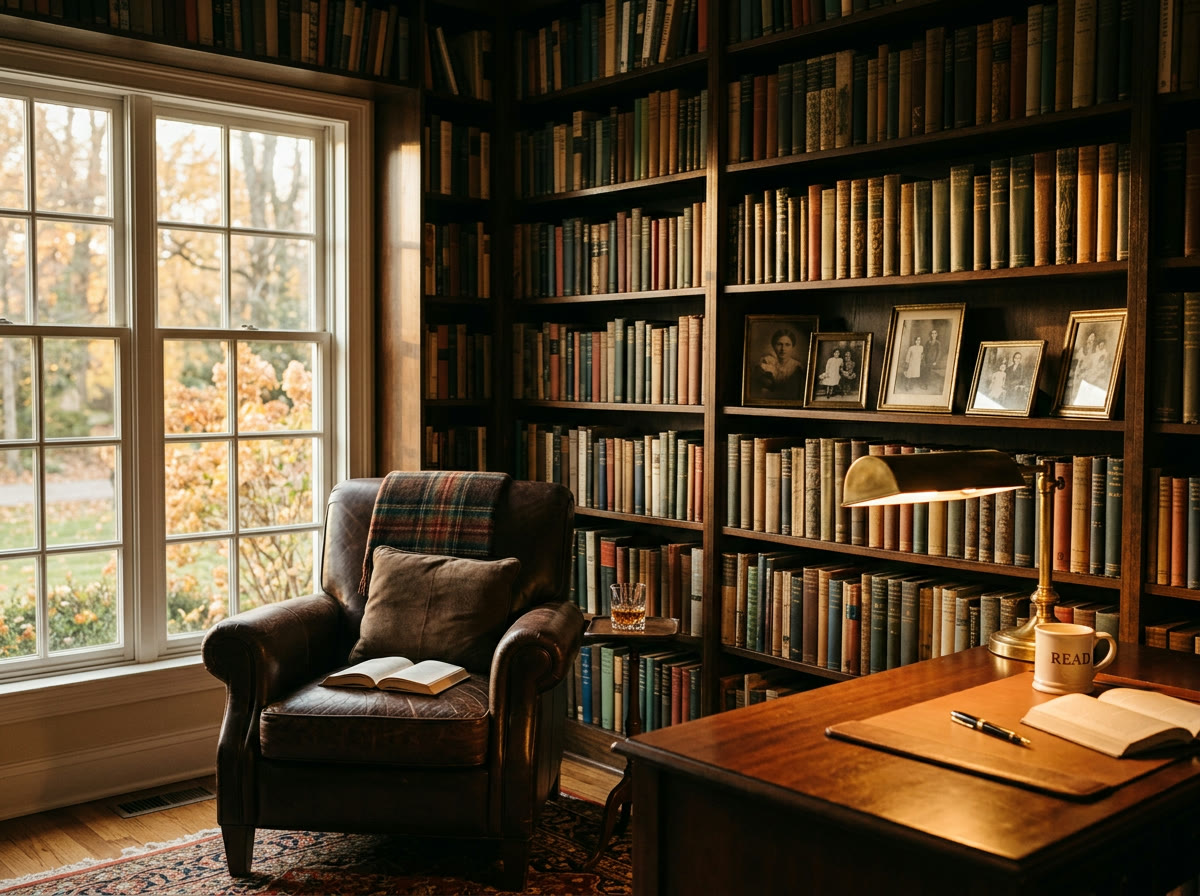 A warm home study with bookshelves, representing the Halarewicz family's literary roots