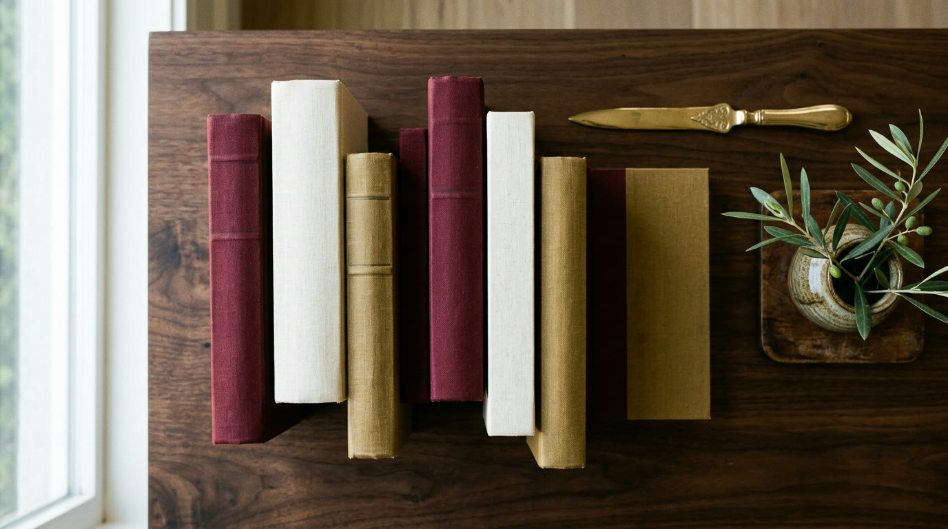 A stack of the Thoughts for Life volumes on a writing desk